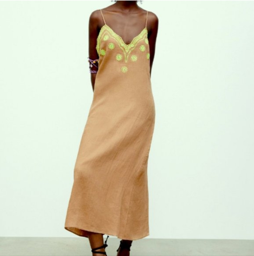ZARA WOMEN TAN EMBROIDERED LINENLONG DRESS